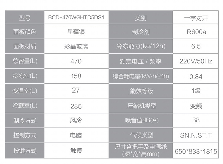 海尔冰箱十字开BCD-470WGHTD5DS1